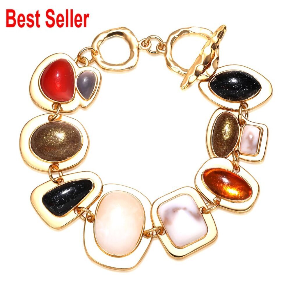 Gold Multi-Gemstone Charm Bracelet with Adjustable Chain